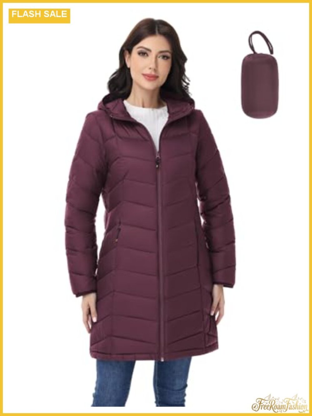 Women's Mid-Length Packable Lightweight Puffer Jacket Quilted Hooded Zip